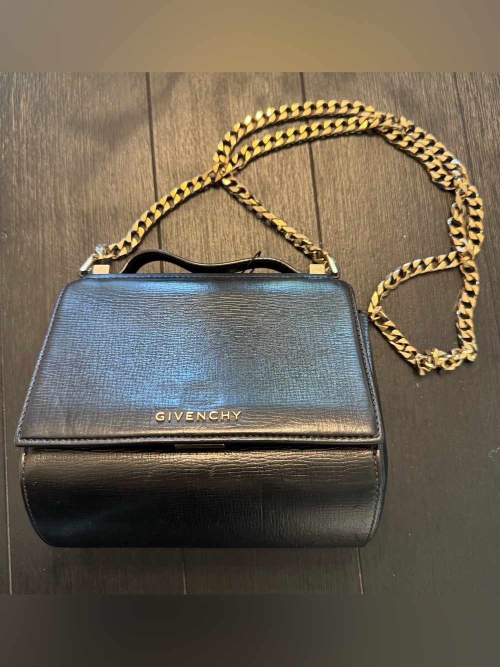 Givenchy Pandora Box Black Leather Shoulder Bag with Gold Chain